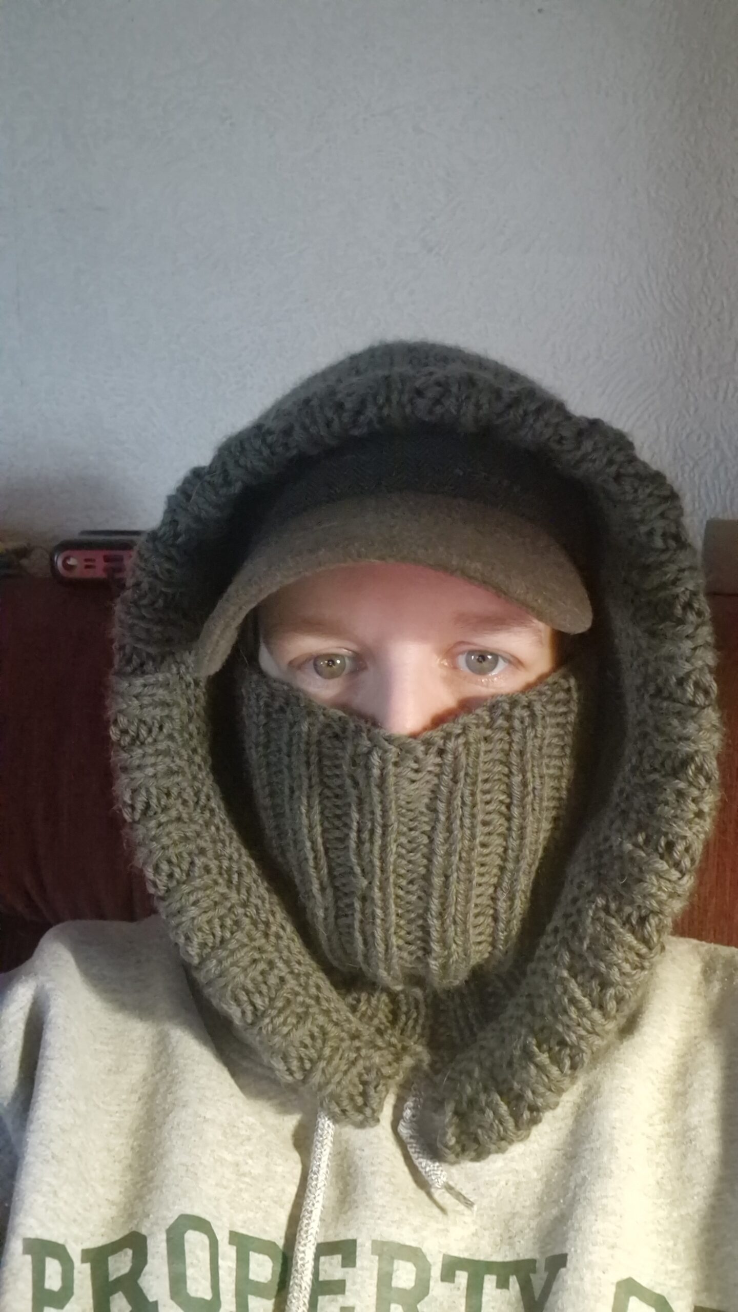 trying on my hood fresh off the needles